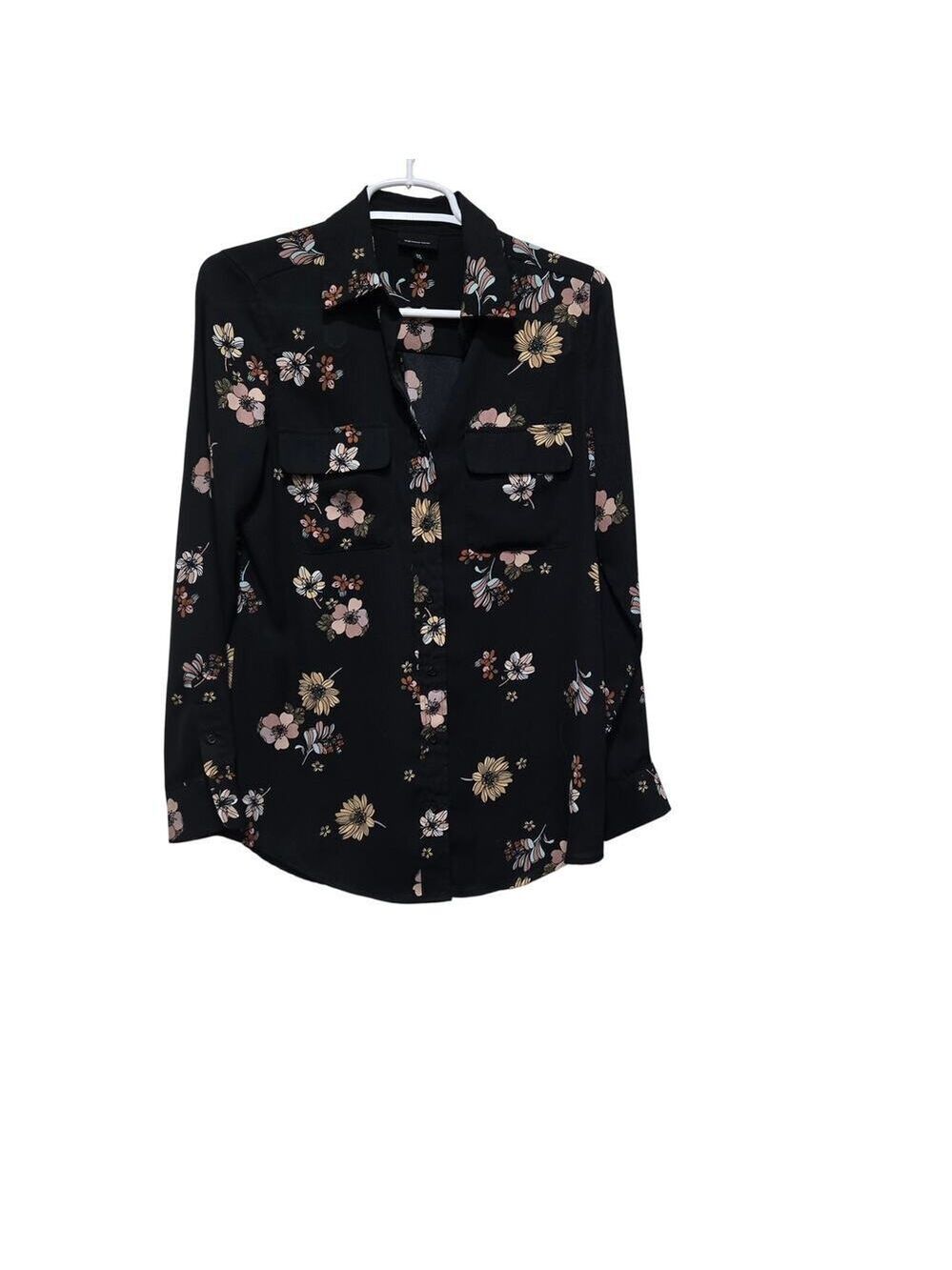 Who What Wear Floral Button Up Blouse XS Black Utility Pocket
